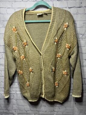 Needles & Yarn Womens VTG Cottagecore Embroidered Cardigan Tan Sz L